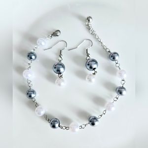 Fashion pair bracelet and earrings (handmade, silver&white color combination)